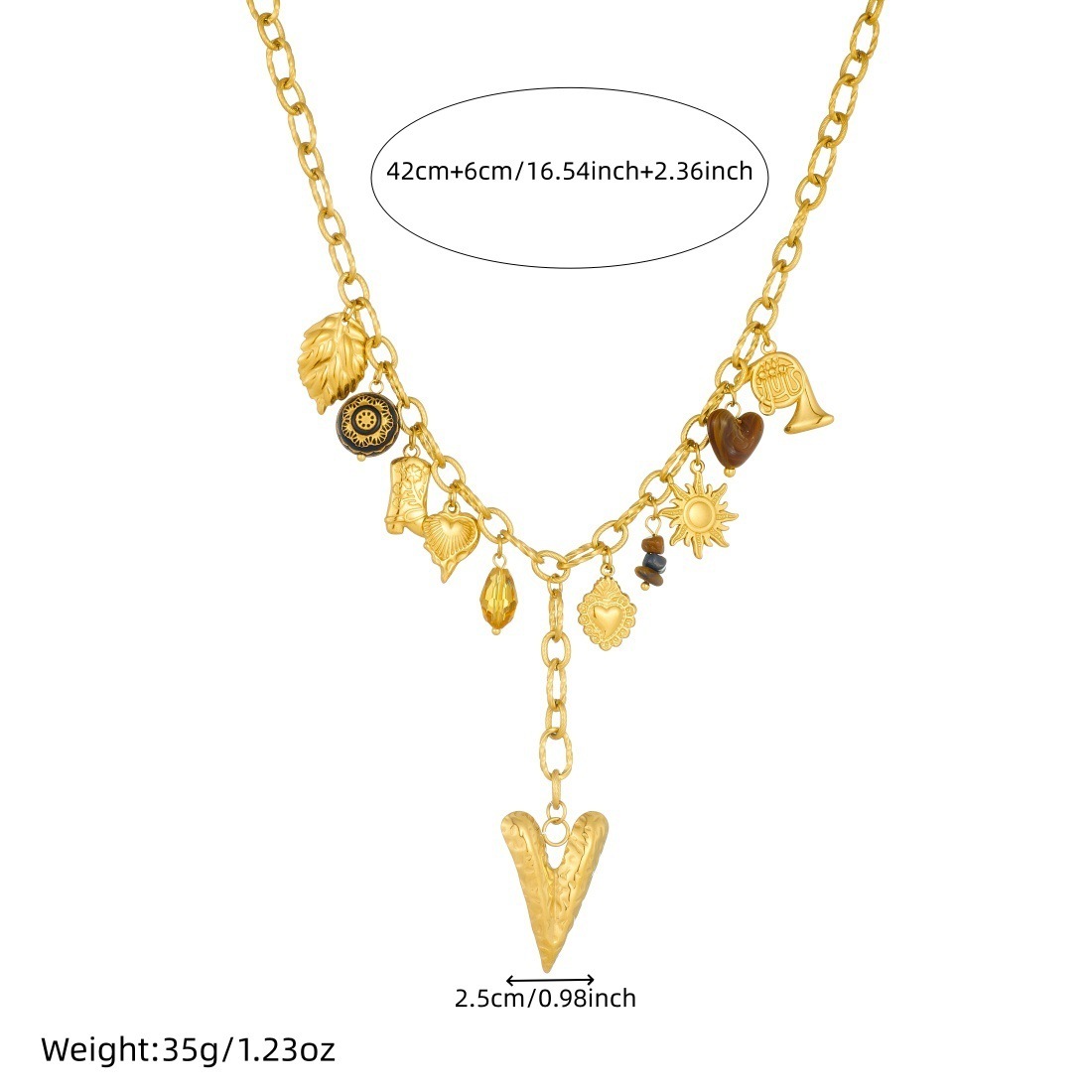 European and American cross-border fashion retro multi-element pendant chain tassel long heart pendant gold-plated stainless steel necklace