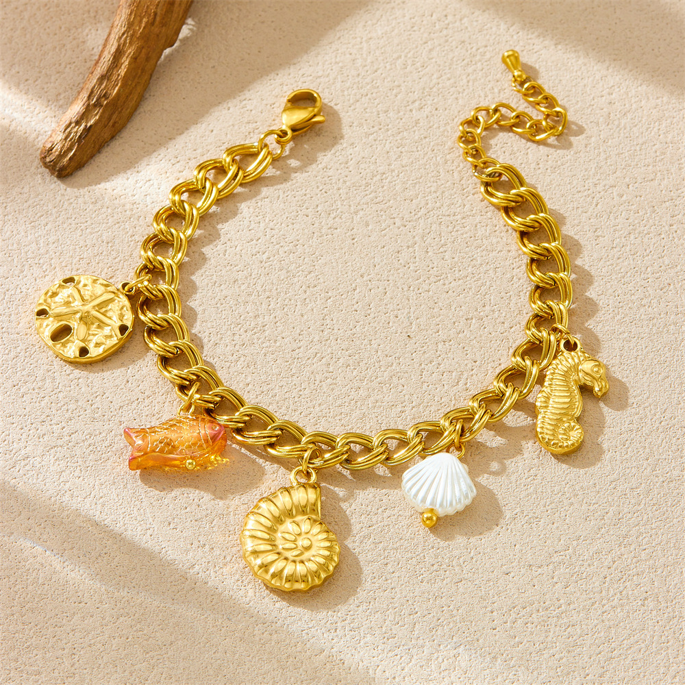 Niche Fashion Marine Life Accessories: Starfish, Conch, Seahorse, Goldfish Pendant, Stainless Steel Chain Bracelet