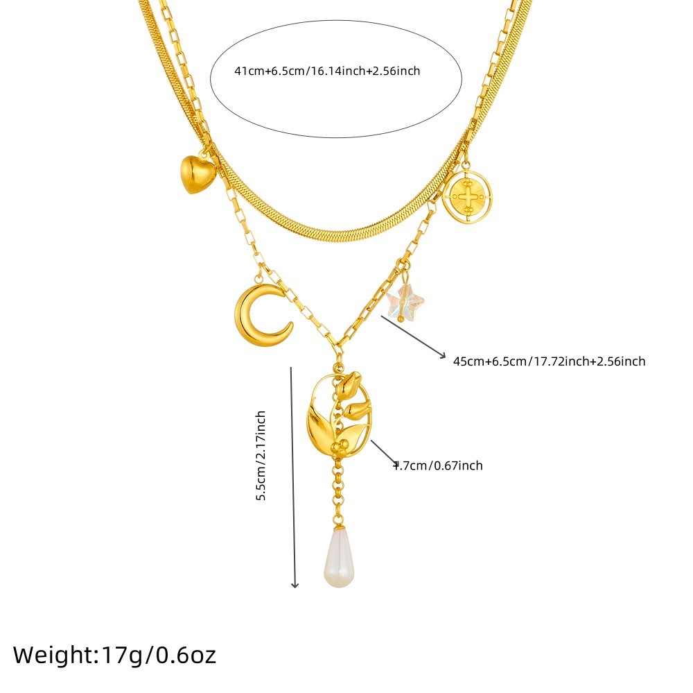 Cross-border fashion, exquisite and simple double-layered stainless steel tulip flower moon tassel chain necklace