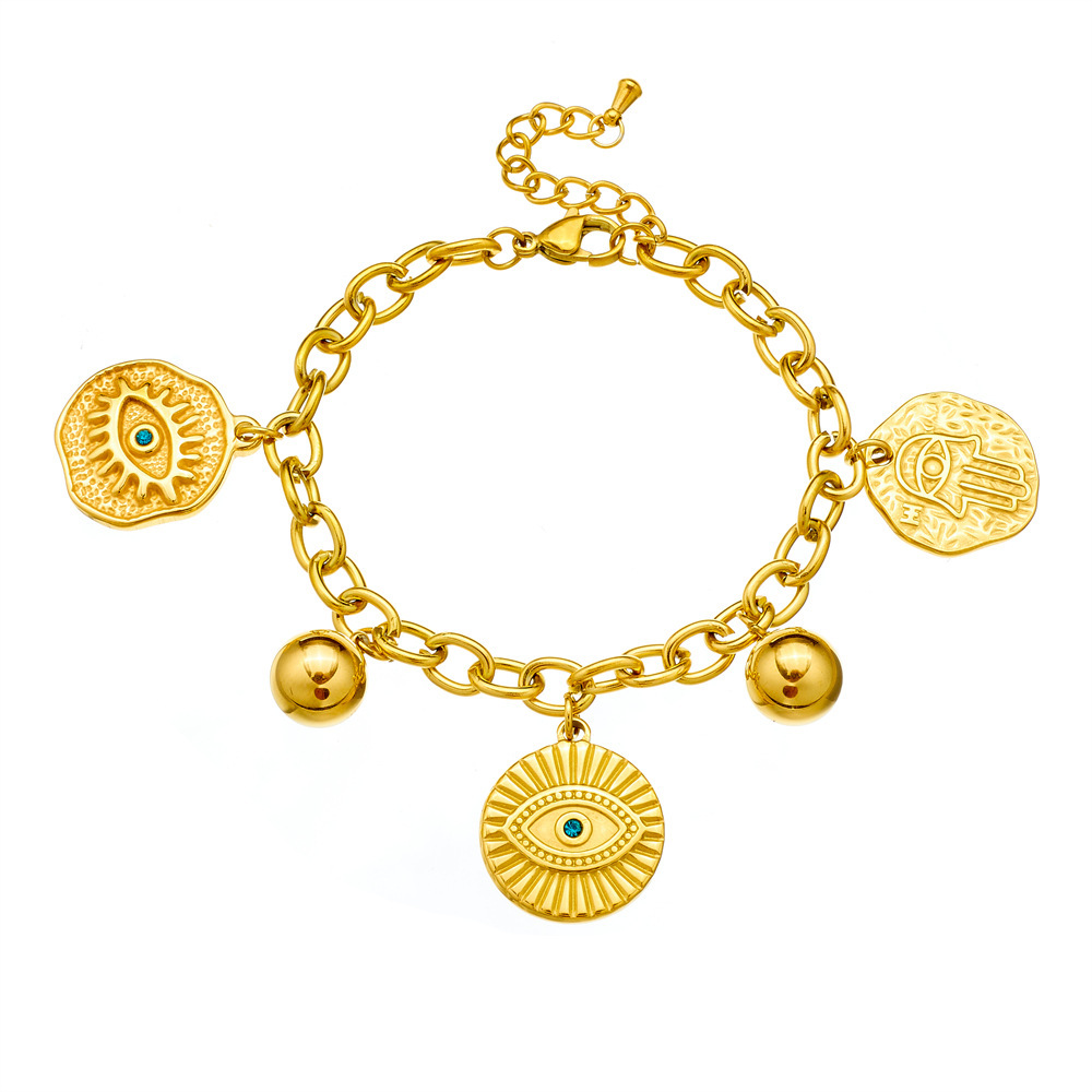 New European and American cross-border style irregular round concave-convex turquoise eye pendant chain stainless steel jewelry bracelet