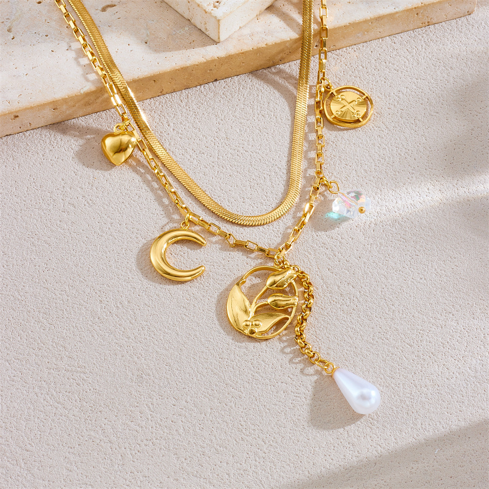Cross-border fashion, exquisite and simple double-layered stainless steel tulip flower moon tassel chain necklace