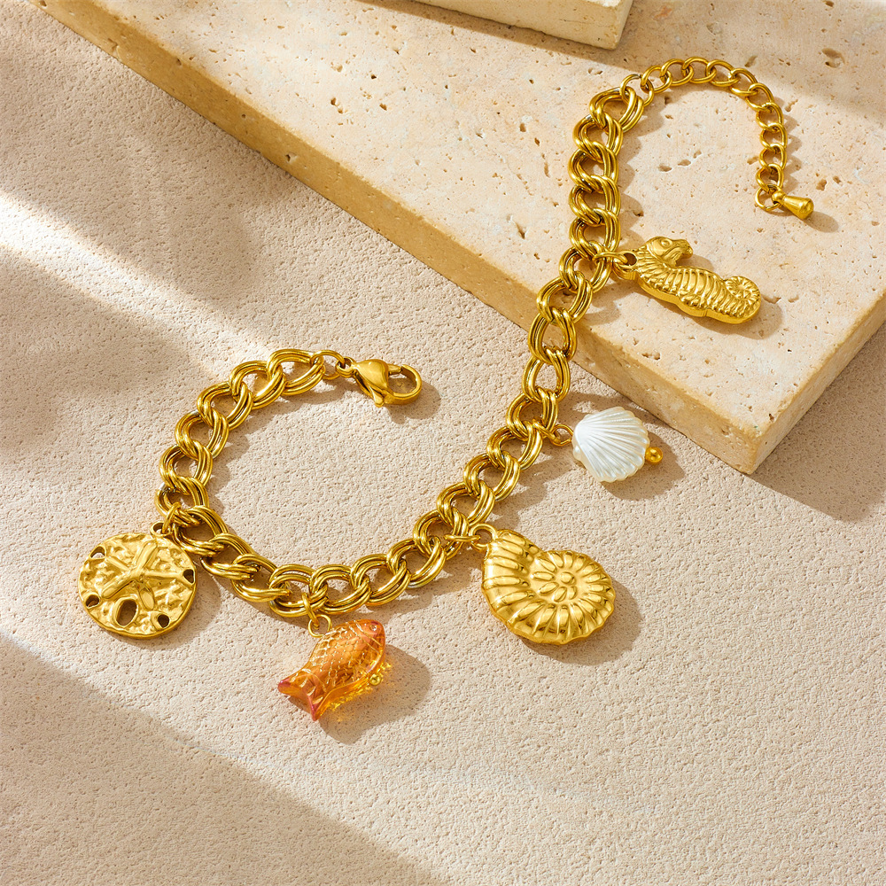 Niche Fashion Marine Life Accessories: Starfish, Conch, Seahorse, Goldfish Pendant, Stainless Steel Chain Bracelet