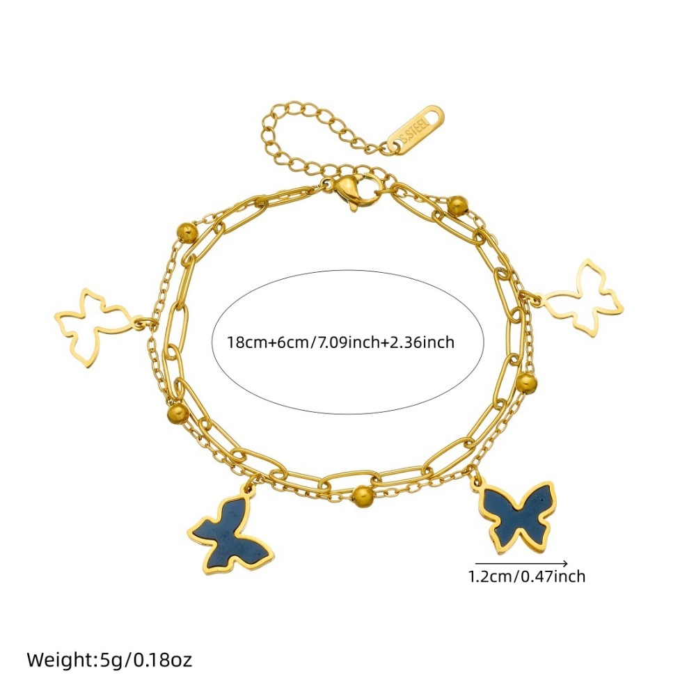 Fashionable, cross-border, simple, versatile, double-layered, gold-plated black hollow butterfly pendant stainless steel jewelry bracelet
