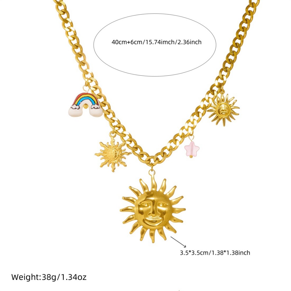 Cross-border niche personalized versatile gold-plated stainless steel face sun ceramic rainbow pendant chain jewelry set