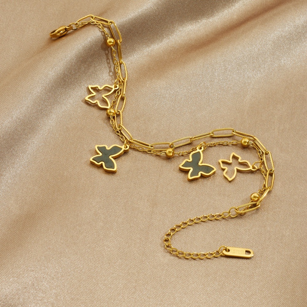 Fashionable, cross-border, simple, versatile, double-layered, gold-plated black hollow butterfly pendant stainless steel jewelry bracelet