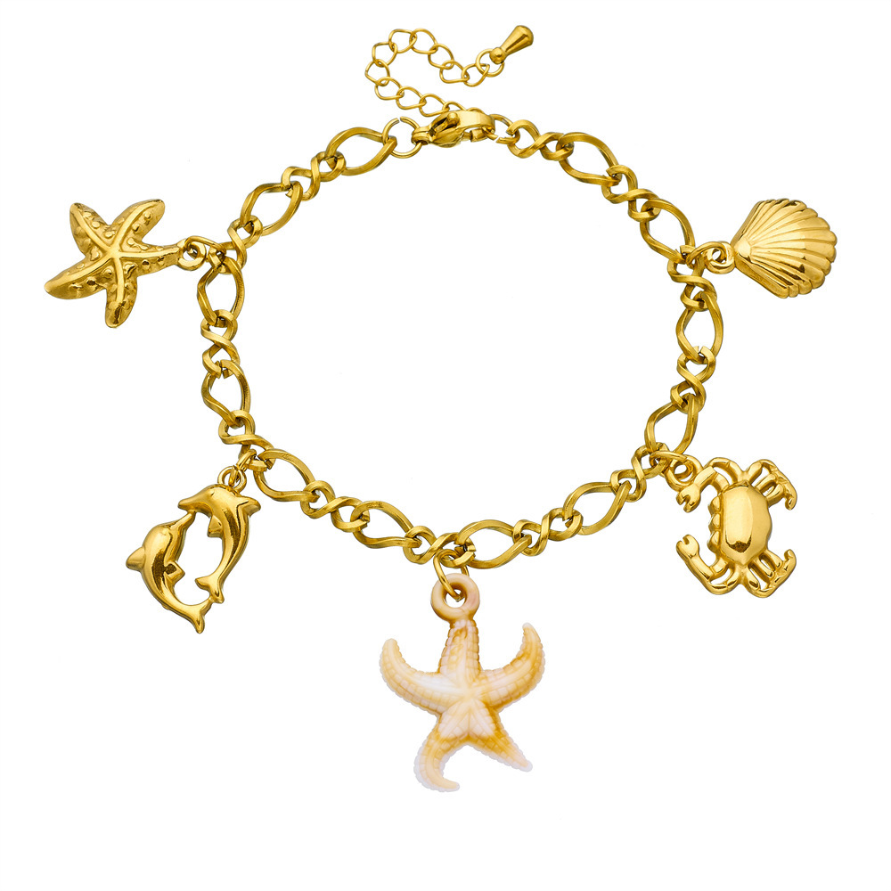 European and American cross-border stainless steel beach starfish dolphin crab scallop pendant accessories chunky chain unisex bracelet