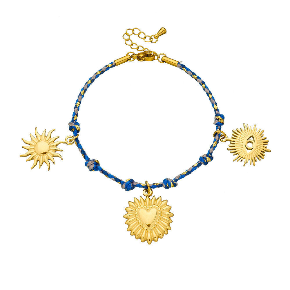 New cross-border European and American style retro colorful rope braided knotted chain gold-plated stainless steel pendant sun heart bracelet