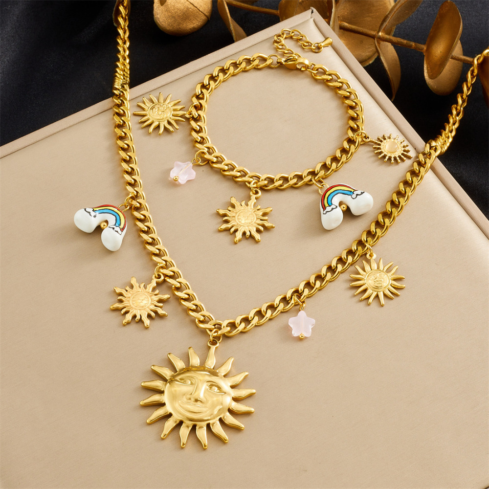 Cross-border niche personalized versatile gold-plated stainless steel face sun ceramic rainbow pendant chain jewelry set
