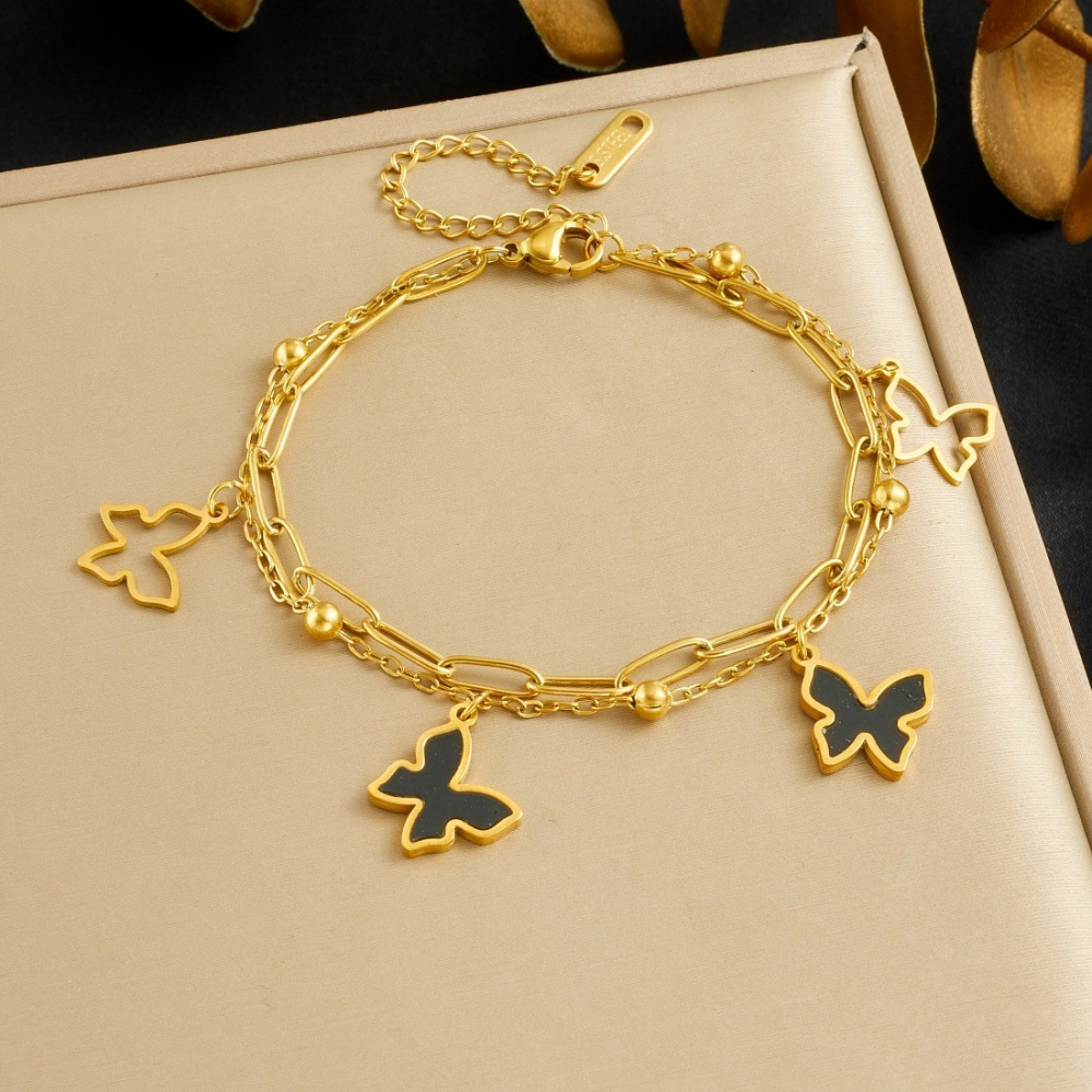 Fashionable, cross-border, simple, versatile, double-layered, gold-plated black hollow butterfly pendant stainless steel jewelry bracelet