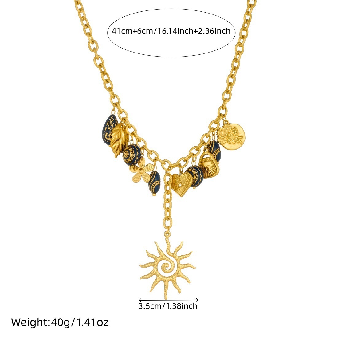 Cross-border fashion, unique retro black carved geometric gold-plated spiral sunflower and leaf pendant necklace