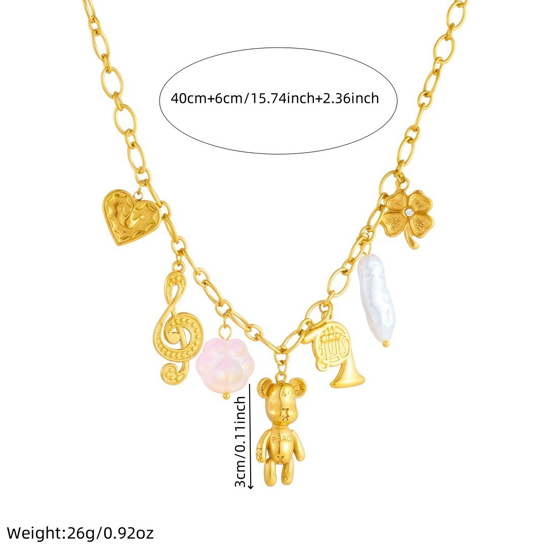 Cross-border fashion gold-plated multi-element pendant cartoon bear musical note crown heart charm chain stainless steel necklace