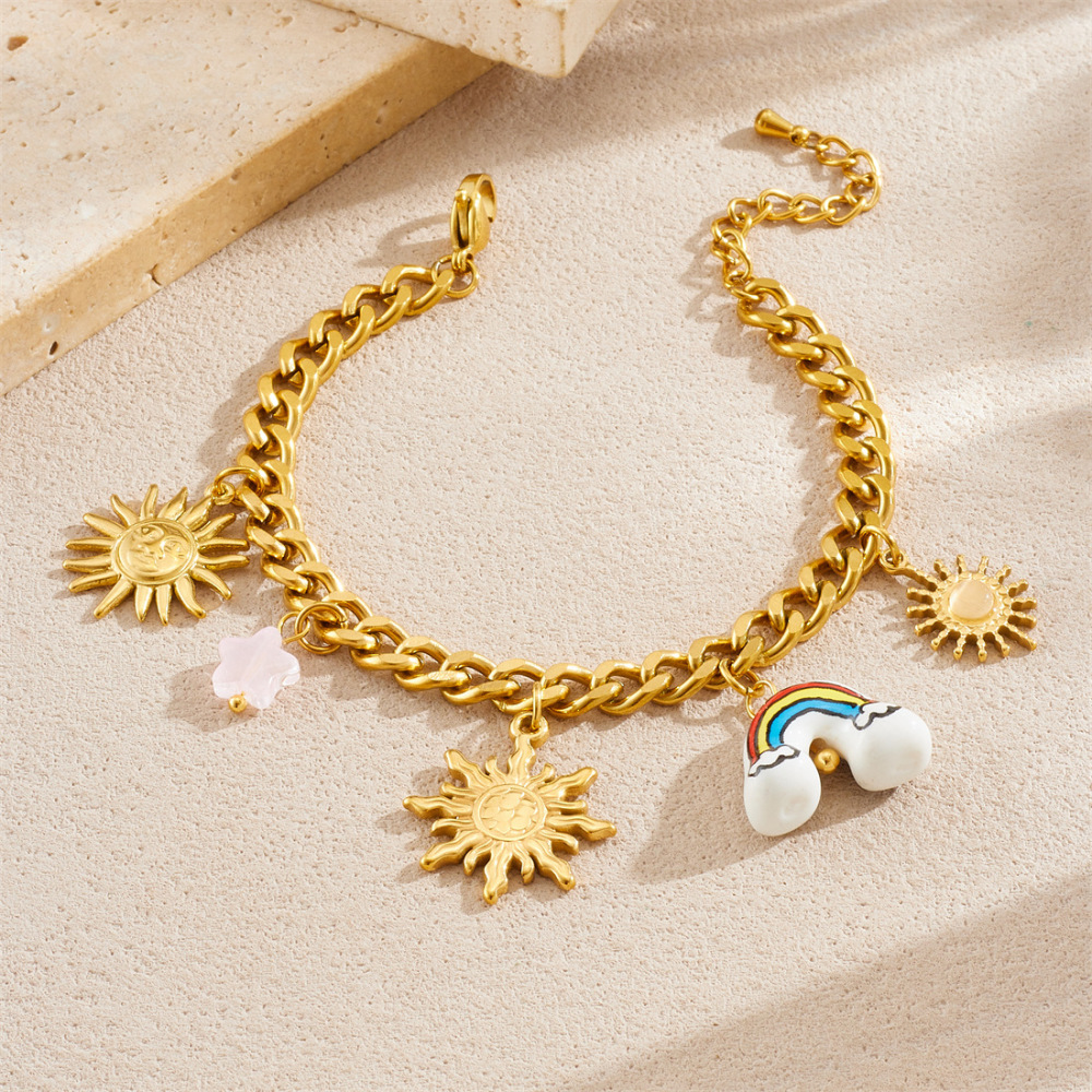 Cross-border niche personalized versatile gold-plated stainless steel face sun ceramic rainbow pendant chain jewelry set