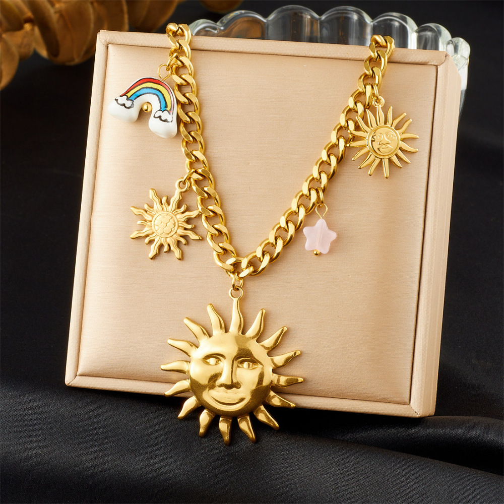 Cross-border niche personalized versatile gold-plated stainless steel face sun ceramic rainbow pendant chain jewelry set