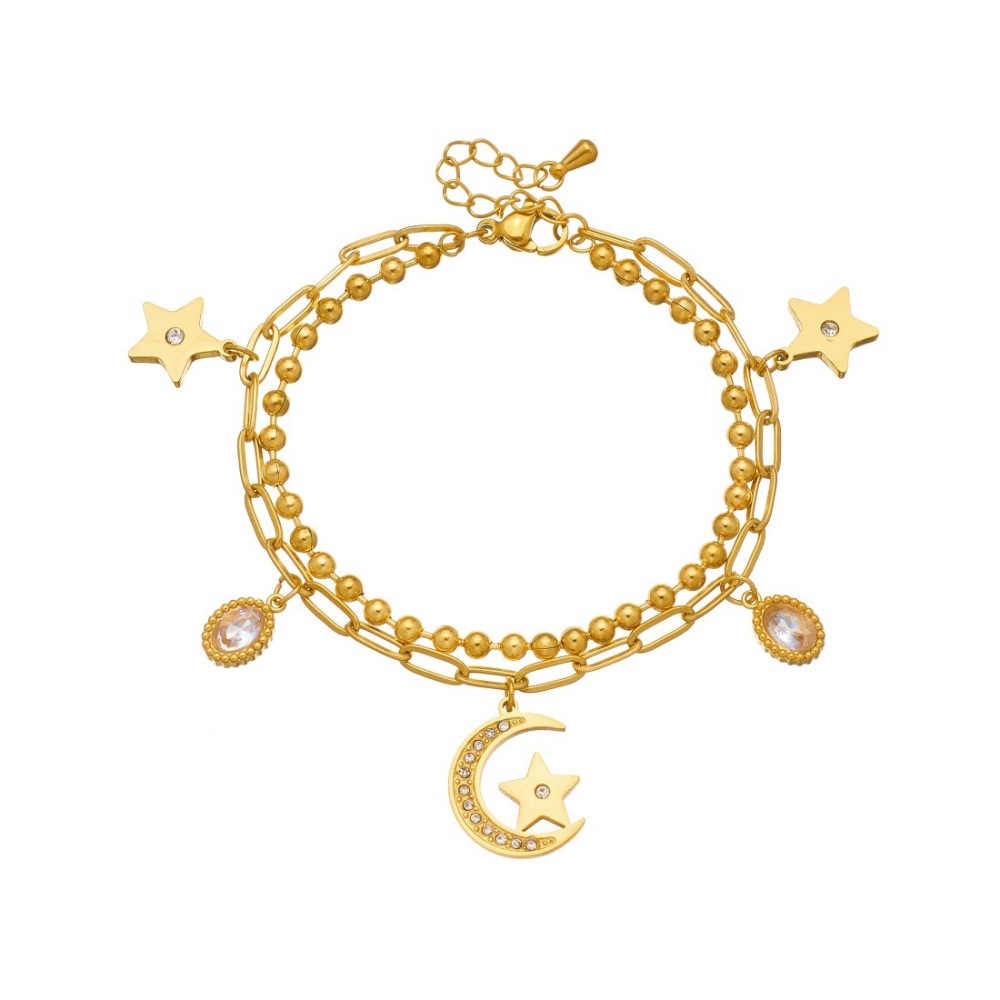 Trendy, niche, minimalist, cool-toned diamond-encrusted star, moon, and flower pendant, double-layered stainless steel gold-plated versatile bracelet.