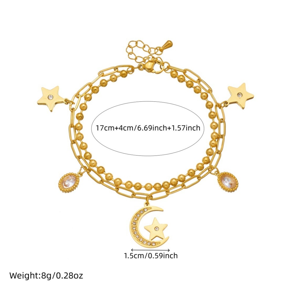 Trendy, niche, minimalist, cool-toned diamond-encrusted star, moon, and flower pendant, double-layered stainless steel gold-plated versatile bracelet.
