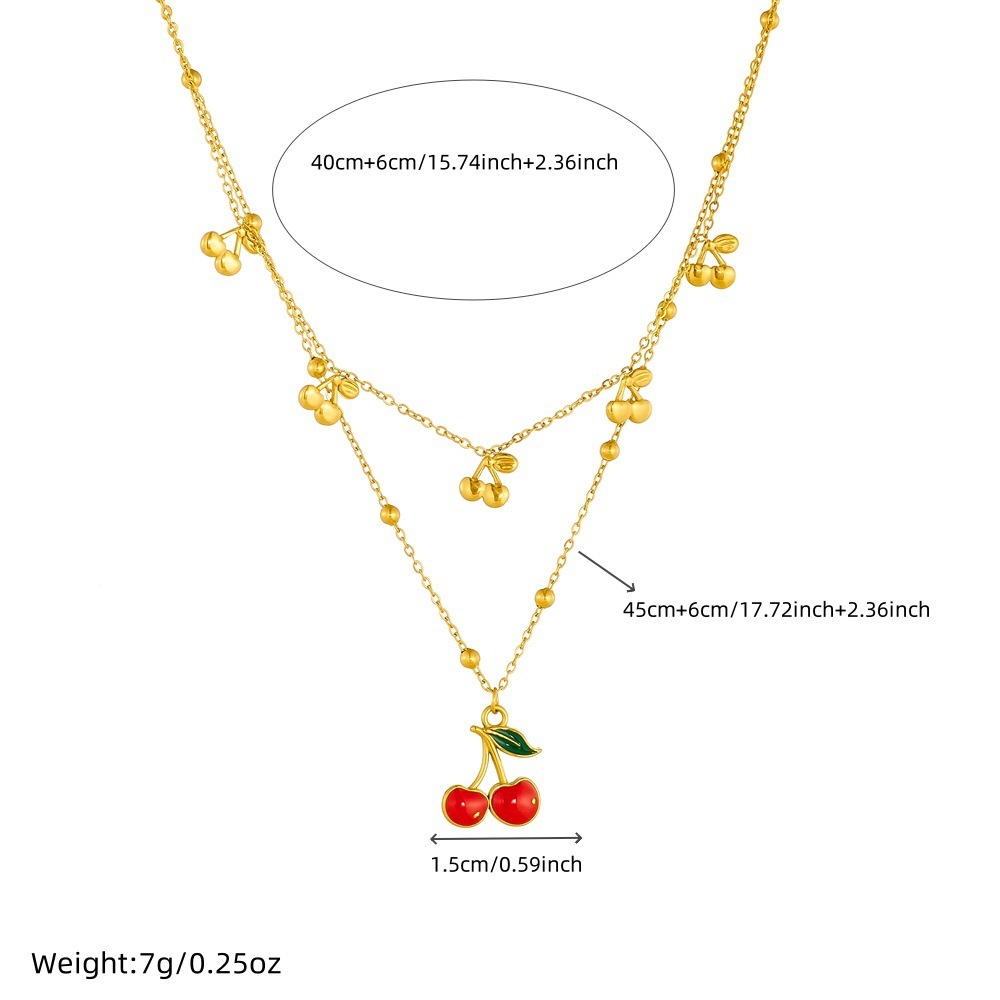 Korean style cute cherry pendant, double-layered stainless steel chain necklace, everyday versatile decoration for women.