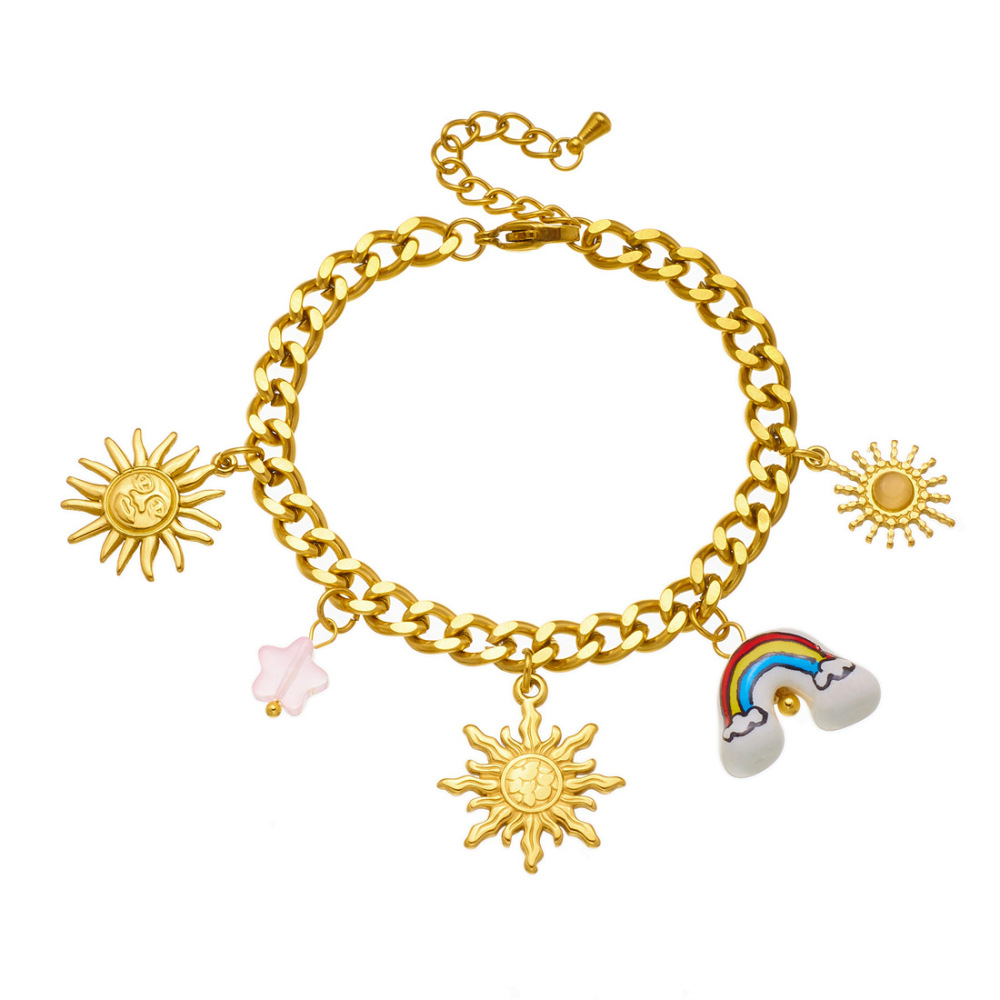 Cross-border niche personalized versatile gold-plated stainless steel face sun ceramic rainbow pendant chain jewelry set