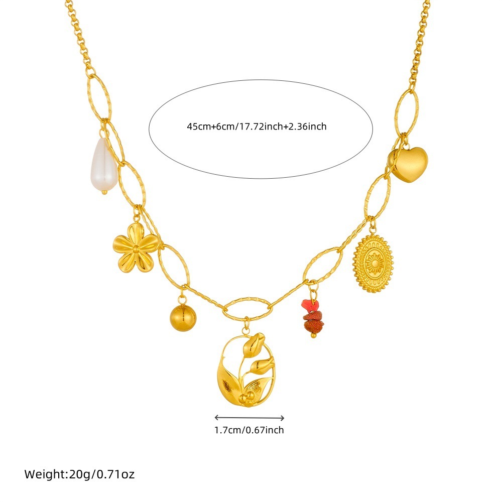 Cross-border fashion niche Instagram style gold-plated stainless steel flower oval pebble pendant chain necklace