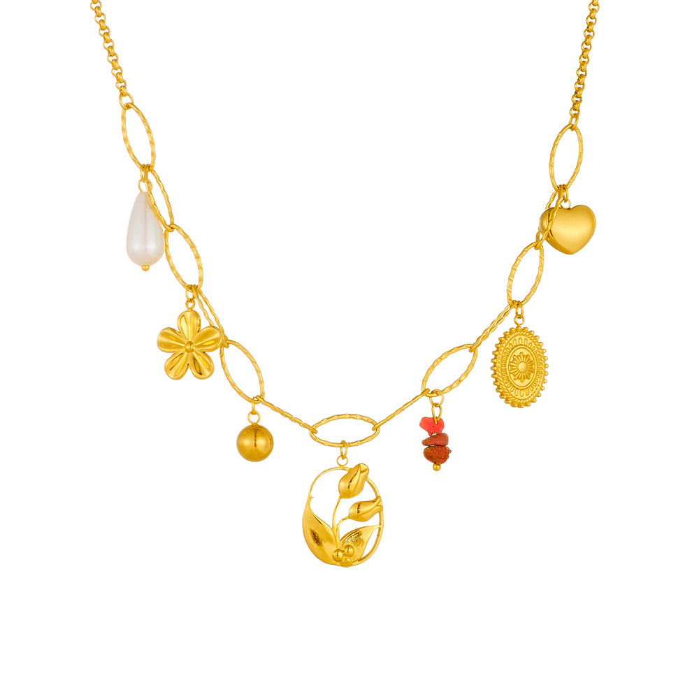 Cross-border fashion niche Instagram style gold-plated stainless steel flower oval pebble pendant chain necklace