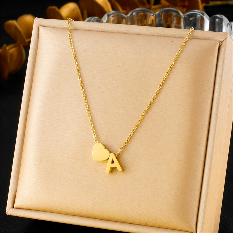 Korean Style Fashionable Smooth 3D Letter A Heart Pendant Stainless Steel Simple Jewelry Necklace and Bracelet Set