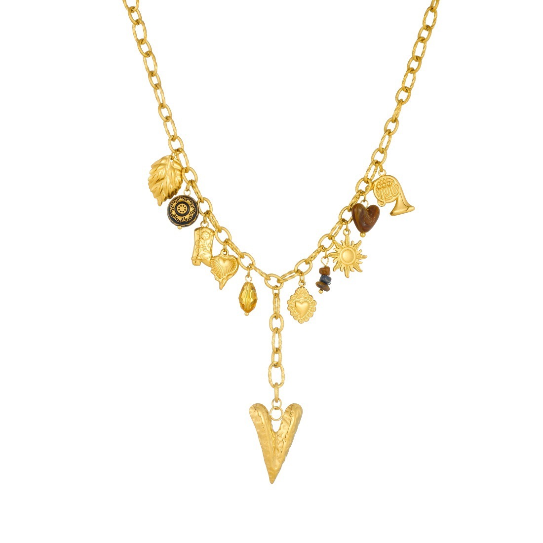 European and American cross-border fashion retro multi-element pendant chain tassel long heart pendant gold-plated stainless steel necklace