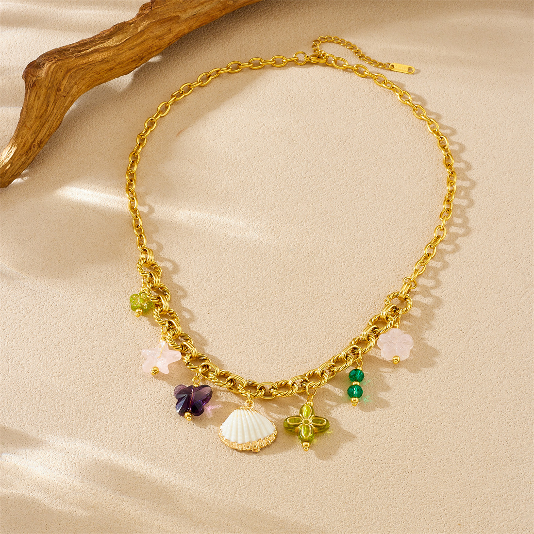 Cross-border fashion heavy-duty multi-element gold-plated O-chain stainless steel necklace with scallop acrylic butterfly flower neck