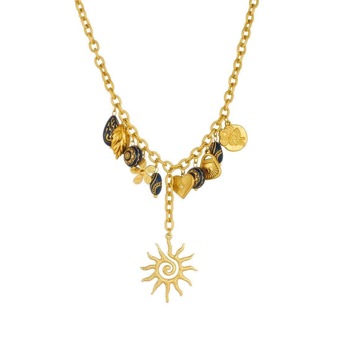 Cross-border fashion, unique retro black carved geometric gold-plated spiral sunflower and leaf pendant necklace