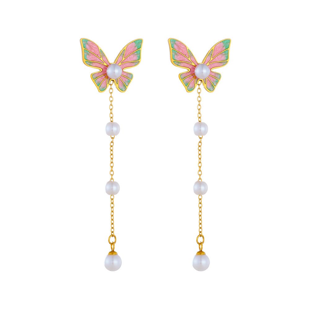 Korean style sweet and cute pearl tassel long multi-color gradient drip butterfly stainless steel earrings