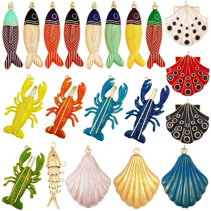 Jumbo Large Enamel Colourful Fish Lobster Shell Pendant,18K Real Gold Silver Plated Zircon Jewelry Finding Supplies R01