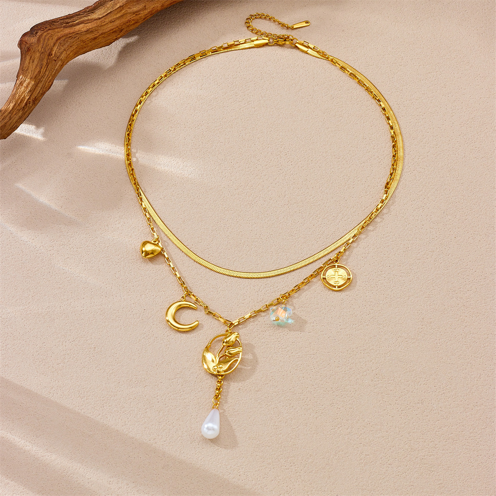 Cross-border fashion, exquisite and simple double-layered stainless steel tulip flower moon tassel chain necklace