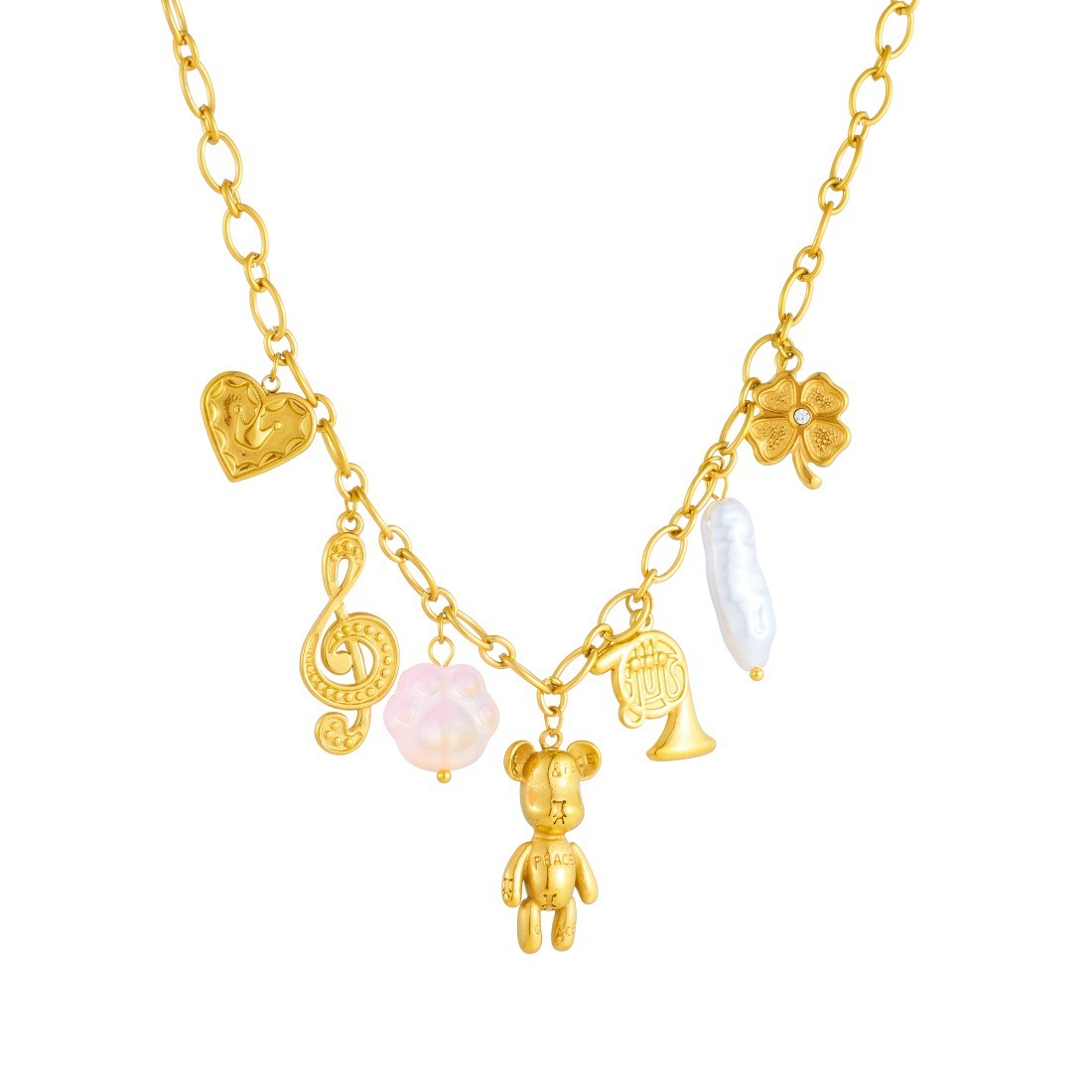 Cross-border fashion gold-plated multi-element pendant cartoon bear musical note crown heart charm chain stainless steel necklace