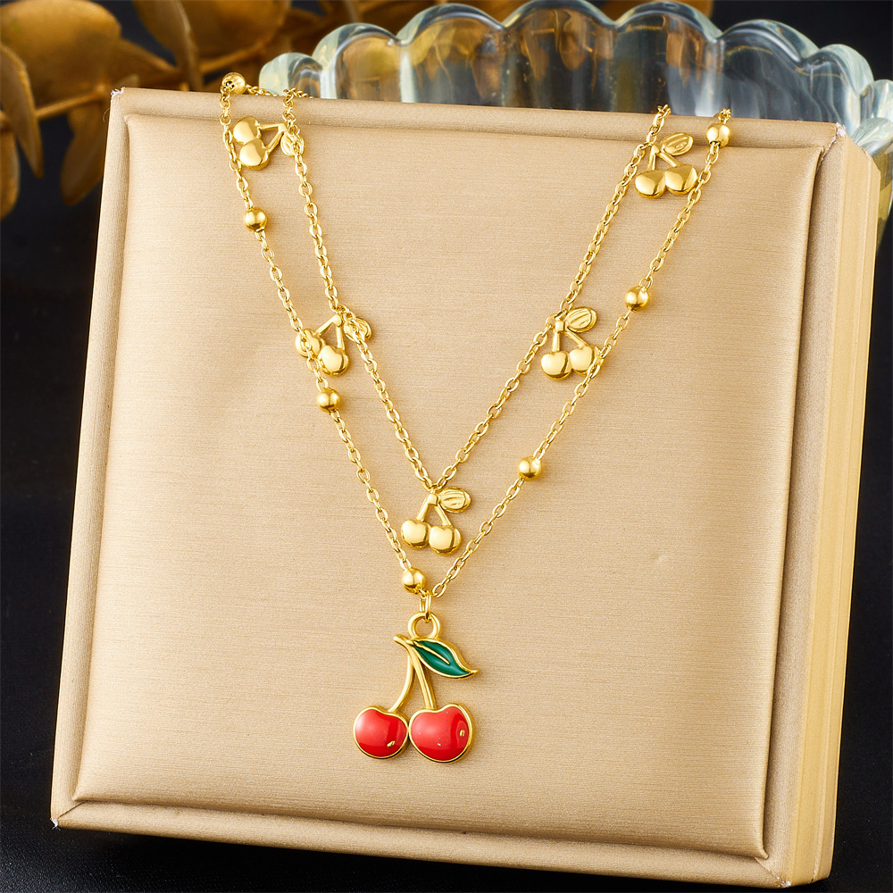 Korean style cute cherry pendant, double-layered stainless steel chain necklace, everyday versatile decoration for women.