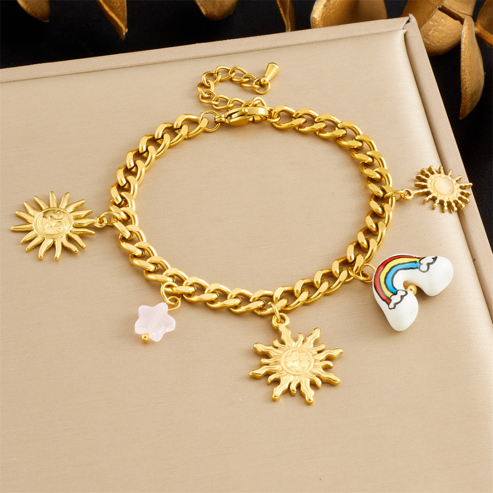 Cross-border niche personalized versatile gold-plated stainless steel face sun ceramic rainbow pendant chain jewelry set