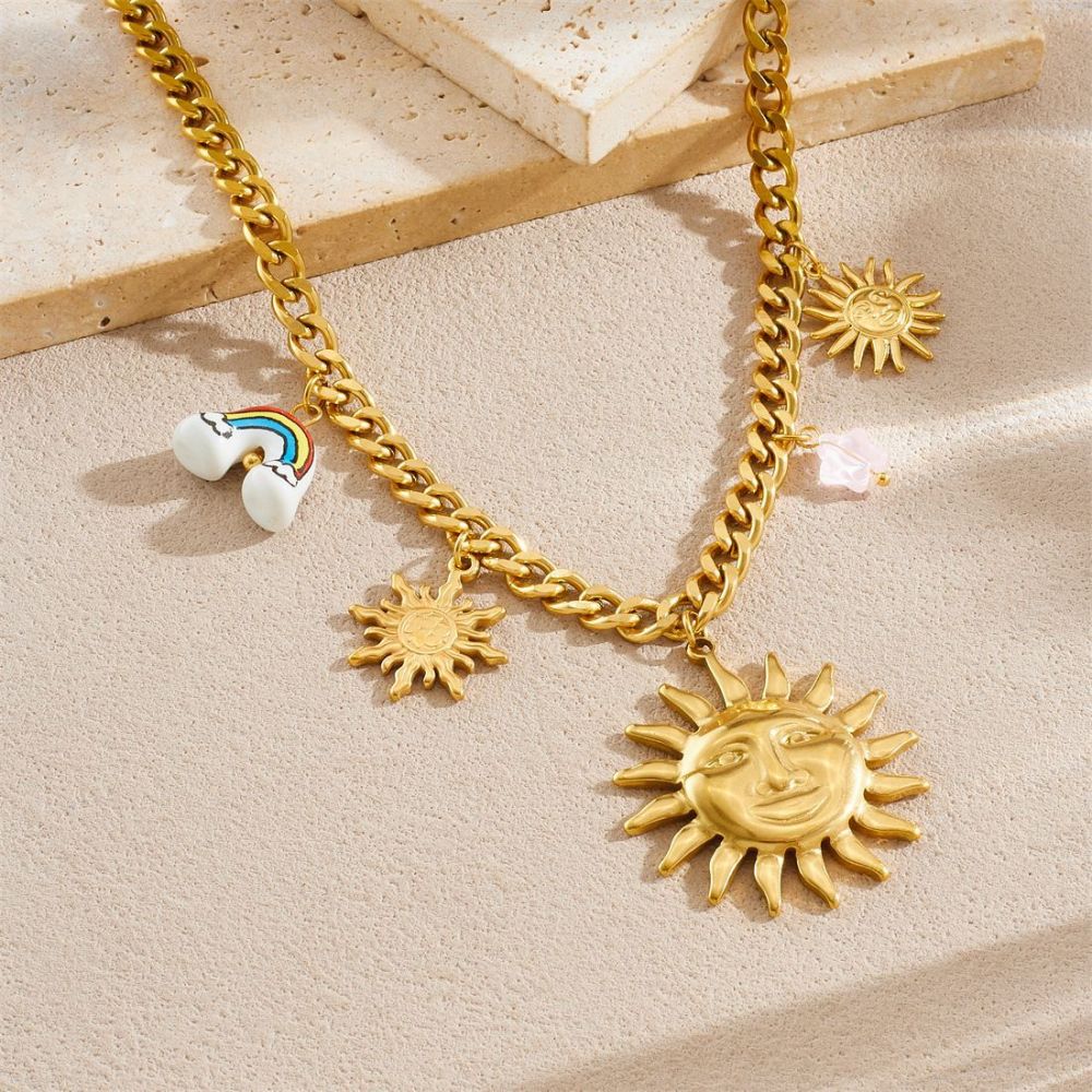 Cross-border niche personalized versatile gold-plated stainless steel face sun ceramic rainbow pendant chain jewelry set