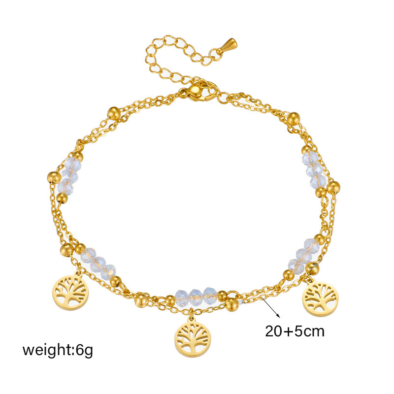 Fashionable, niche design, understated luxury, high-end chain with faceted crystal beads, Tree of Life pendant, titanium steel anklet.