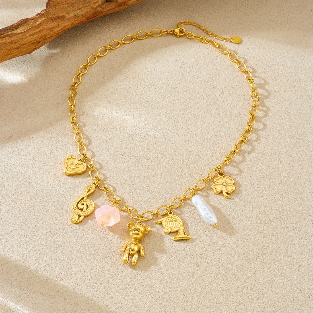 Cross-border fashion gold-plated multi-element pendant cartoon bear musical note crown heart charm chain stainless steel necklace