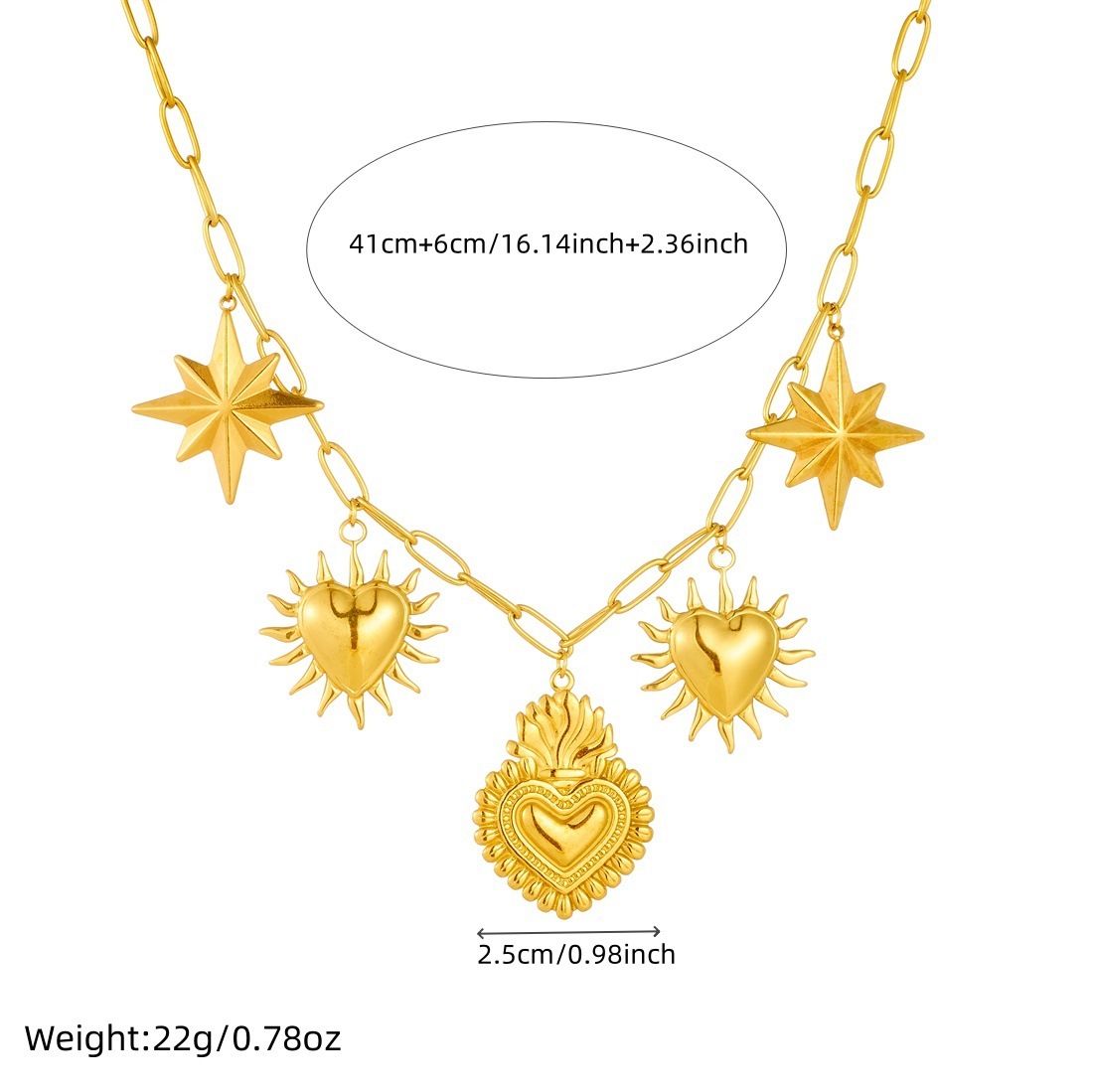 Cross-border fashion, light luxury, retro gold-plated heavy-duty stainless steel eight-pointed star sun heart pendant cross chain necklace