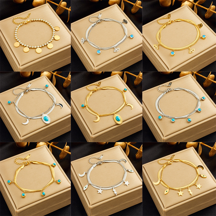 European and American style niche retro high-end double-layered diamond-encrusted round blue eye star lightning pendant bracelet