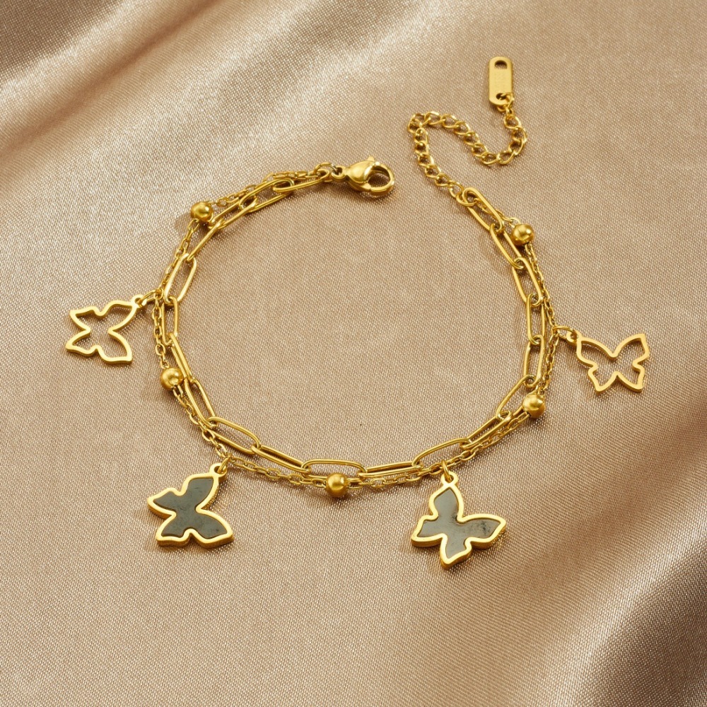 Fashionable, cross-border, simple, versatile, double-layered, gold-plated black hollow butterfly pendant stainless steel jewelry bracelet