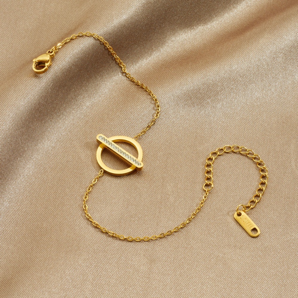 Cross-border fashion minimalist diamond-encrusted long round geometric gold-plated accessory pendant chain stainless steel versatile bracelet