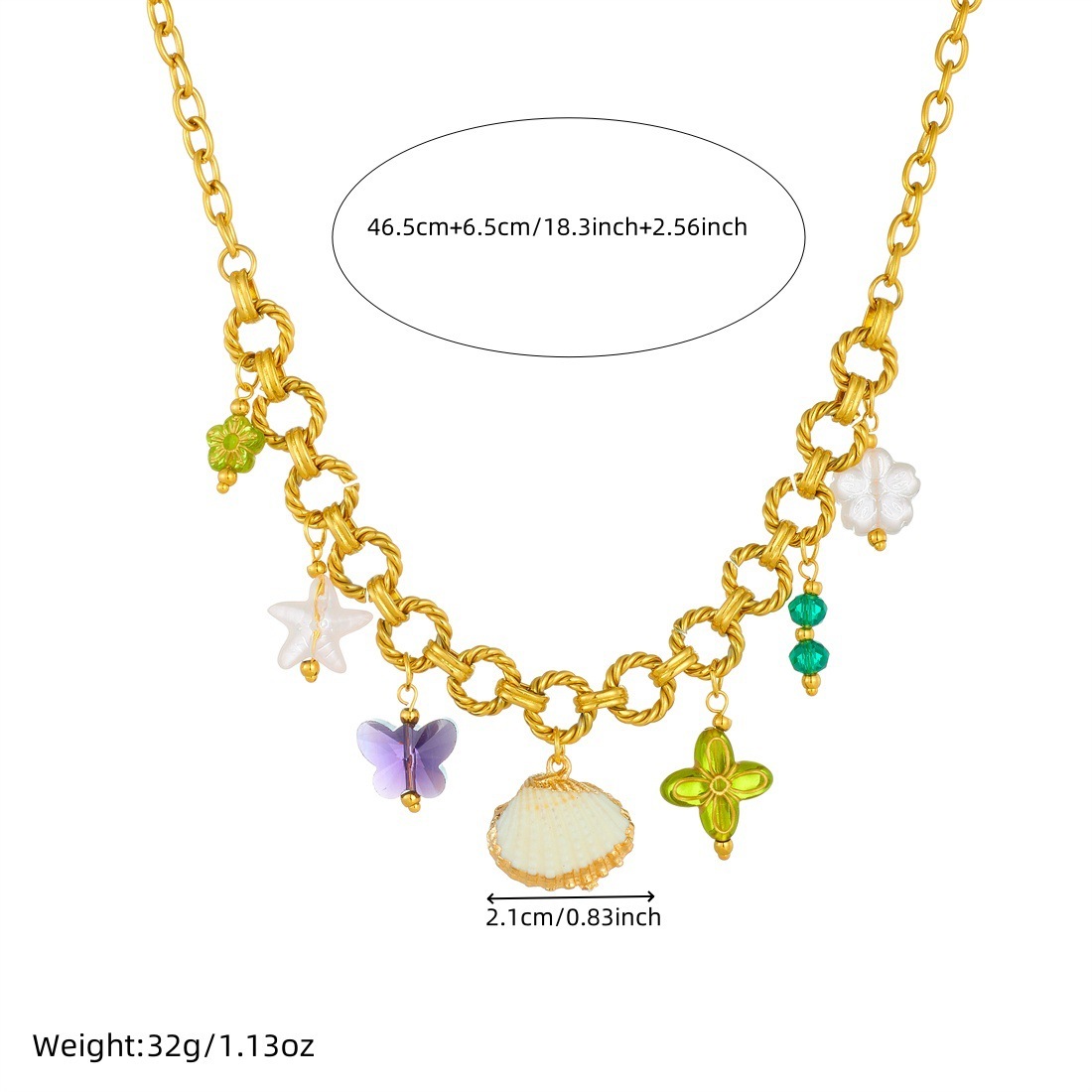 Cross-border fashion heavy-duty multi-element gold-plated O-chain stainless steel necklace with scallop acrylic butterfly flower neck