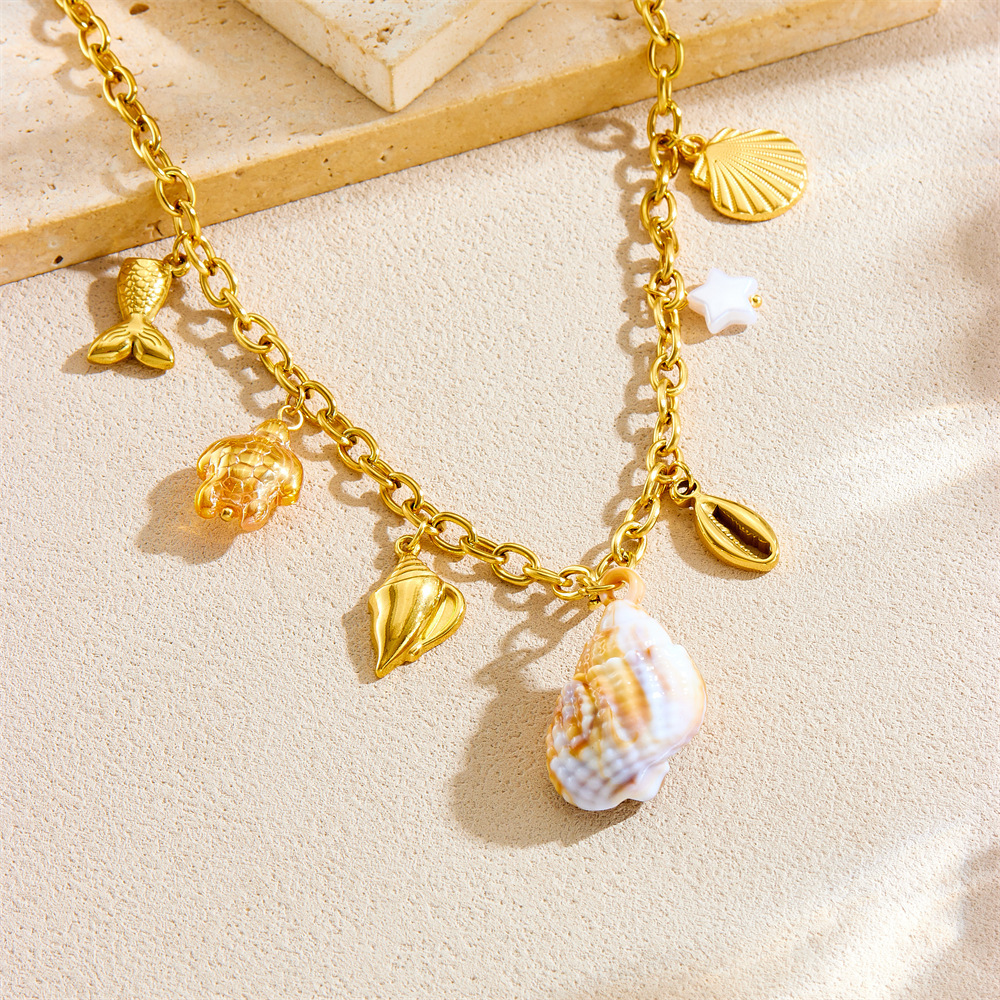 European and American style stainless steel marine life pendant, natural seashell, turtle, fish tail accessory chain necklace