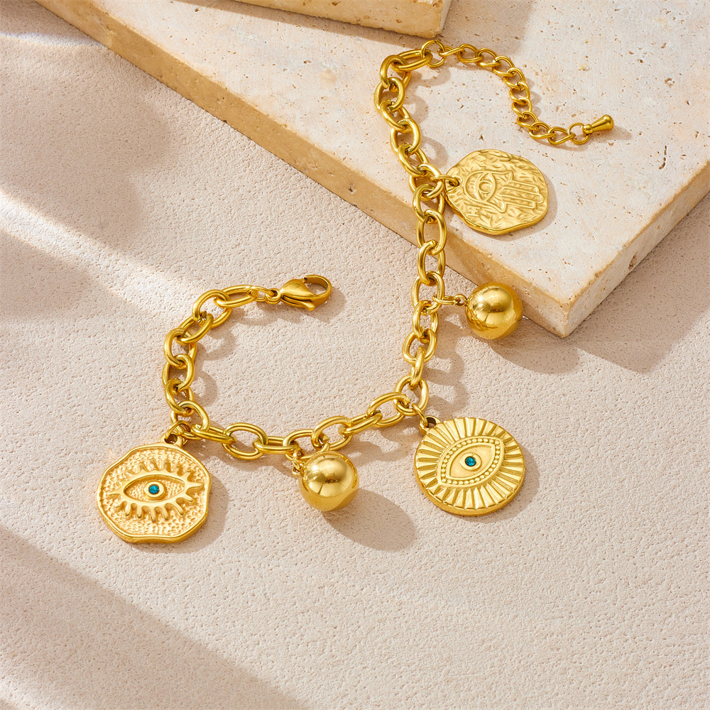 New European and American cross-border style irregular round concave-convex turquoise eye pendant chain stainless steel jewelry bracelet