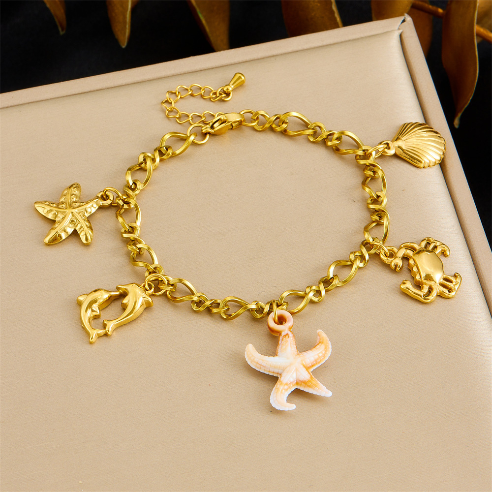 European and American cross-border stainless steel beach starfish dolphin crab scallop pendant accessories chunky chain unisex bracelet