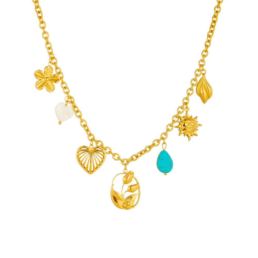 New cross-border creative retro multi-element accessory pendant stainless steel gold-plated chain heart flower sun necklace