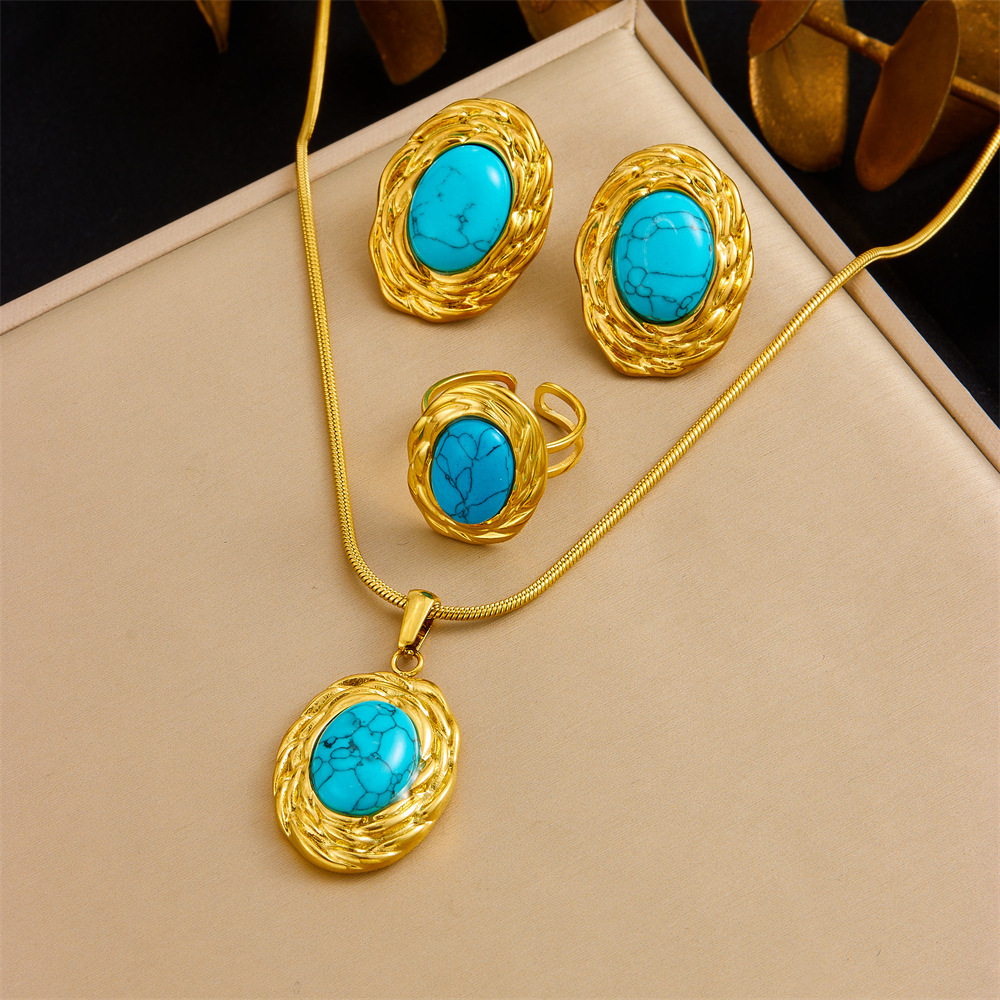 European and American cross-border French retro design twisted oval blue turquoise accessory ring earring necklace set