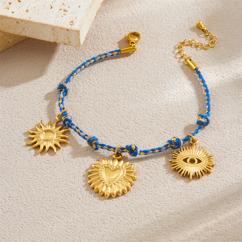 New cross-border European and American style retro colorful rope braided knotted chain gold-plated stainless steel pendant sun heart bracelet