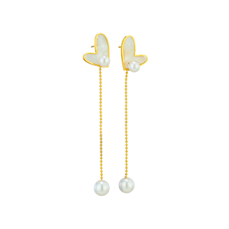 Korean style, fashionable, simple, retro, gold-plated seashell heart chain tassel pearl dangling stainless steel earrings