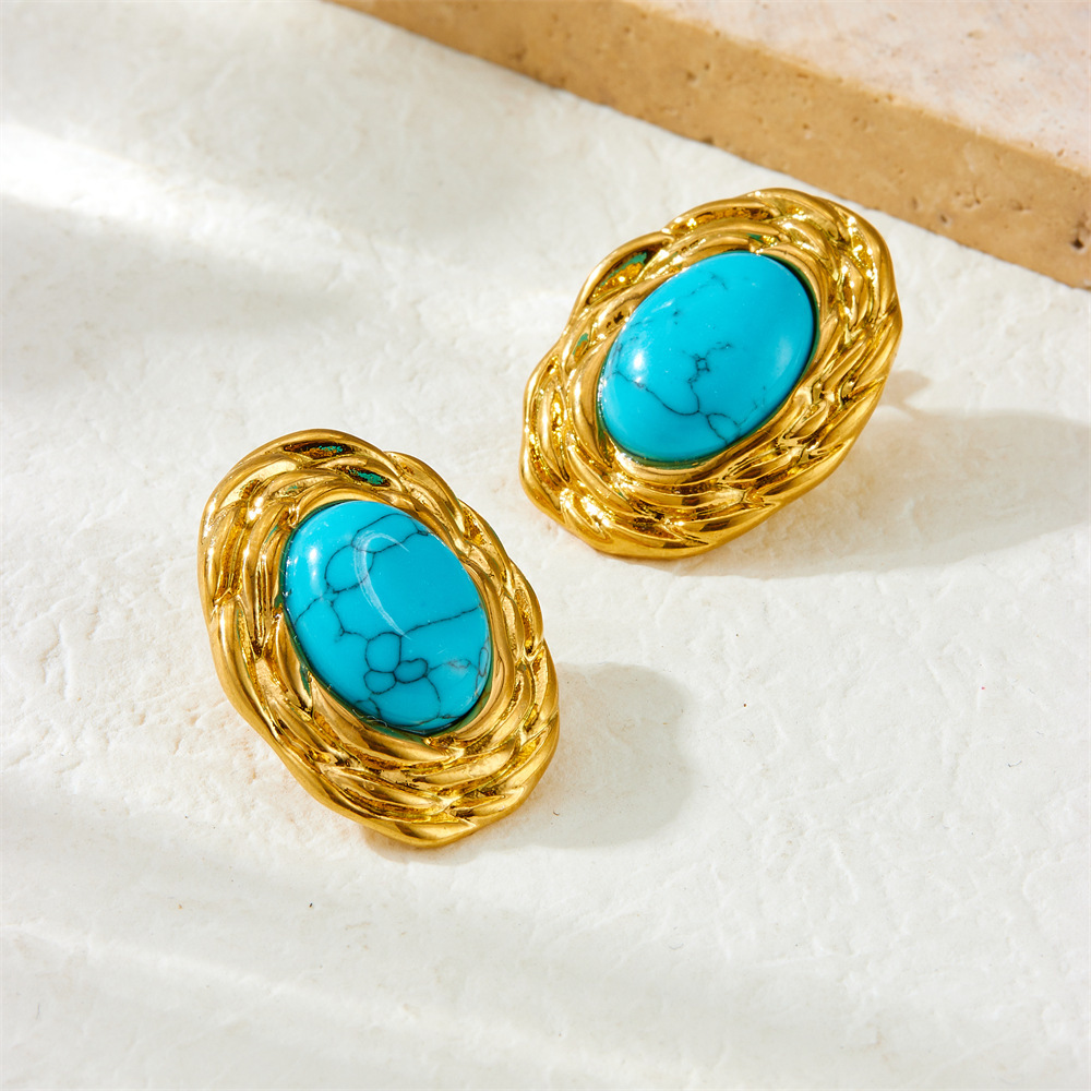 European and American cross-border French retro design twisted oval blue turquoise accessory ring earring necklace set