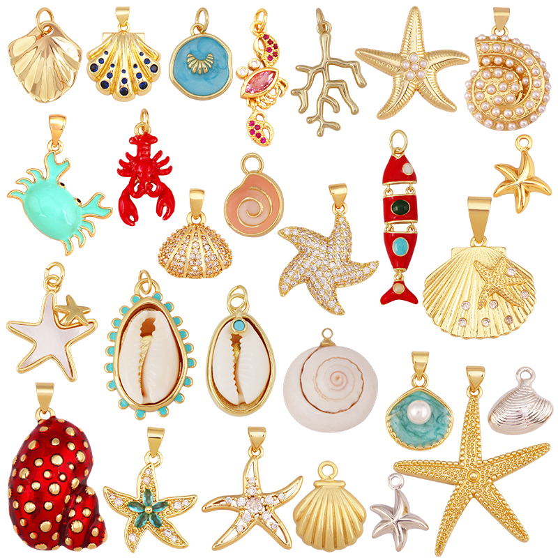 Ocean Animal Charm Pendant For Necklace , Trendy Lobster Shell Crab Starfish Ins Style Jewelry Finding Components Supplies R07